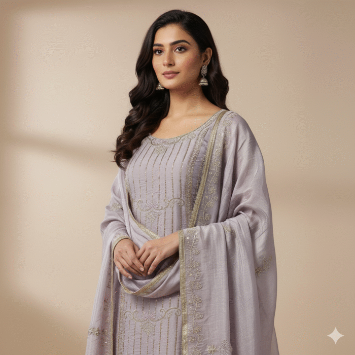 Lavender pure shimmer suit with embroidered work and matching dupatta