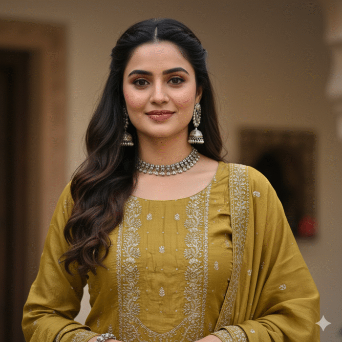 Mustard shimmer embroidered suit set with silver and yellow work