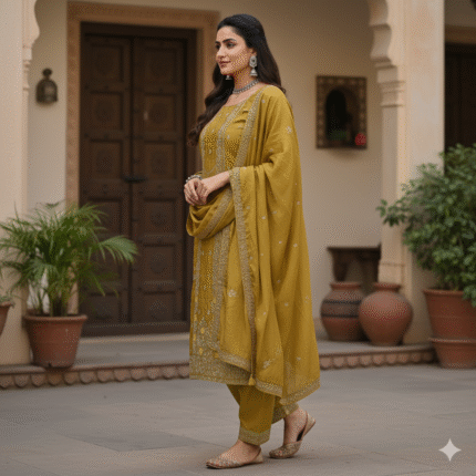 Mustard shimmer embroidered suit set with silver and yellow work