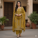 Mustard shimmer embroidered suit set with silver and yellow work