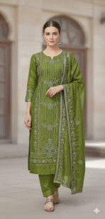 Olive green shimmer embroidered unstitched suit set with dupatta