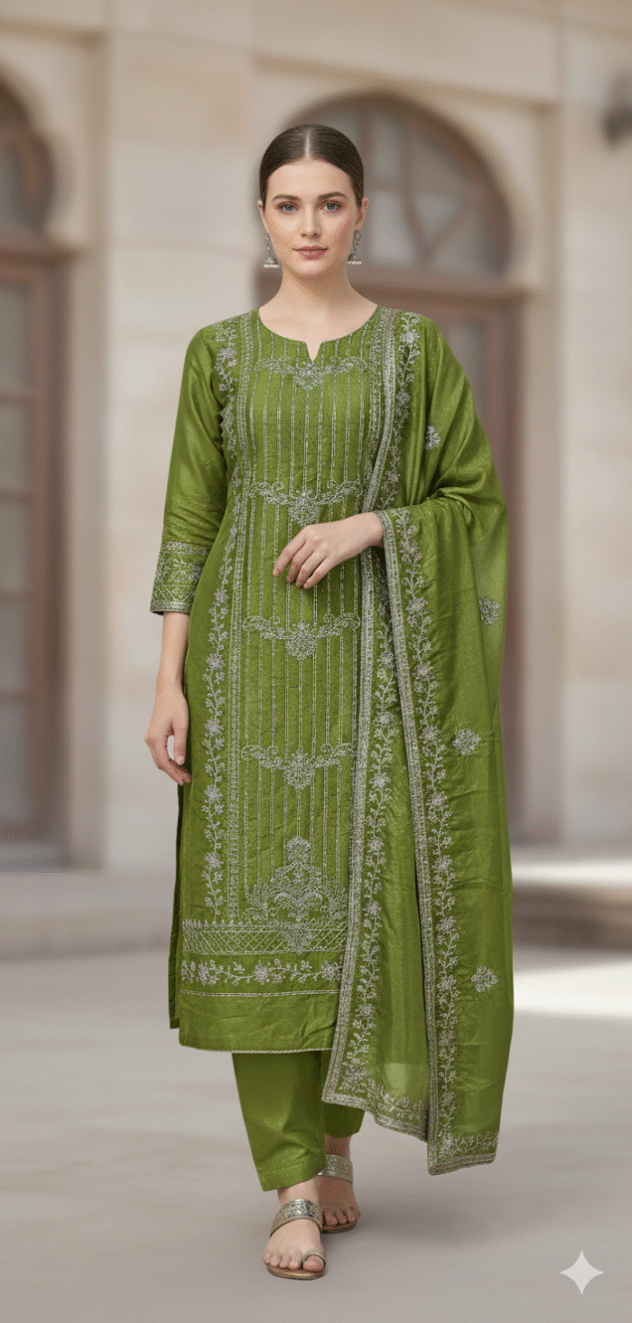 Olive green shimmer embroidered unstitched suit set with dupatta
