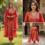 Sunset orange maslin suit with rayon bottom and matching dupatta