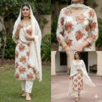 White maslin floral print suit with matching bottom and lace detailing