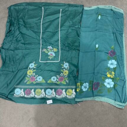 Teal green Jamm cotton suit fabric with floral prints and embroidery by Punjabi Threads Melbourne