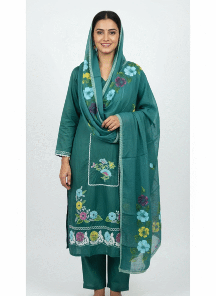 Teal green Jamm cotton suit fabric with floral prints and embroidery by Punjabi Threads Melbourne