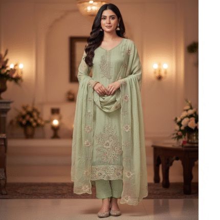 Mint shimmer suit fabric with embroidered chiffon dupatta by Punjabi Threads Melbourne