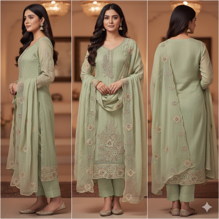 Shimmer with Chiffon Dupatta – Mint Embroidered Suit Set | Punjabi Threads – Suits & Stitches - Image 3