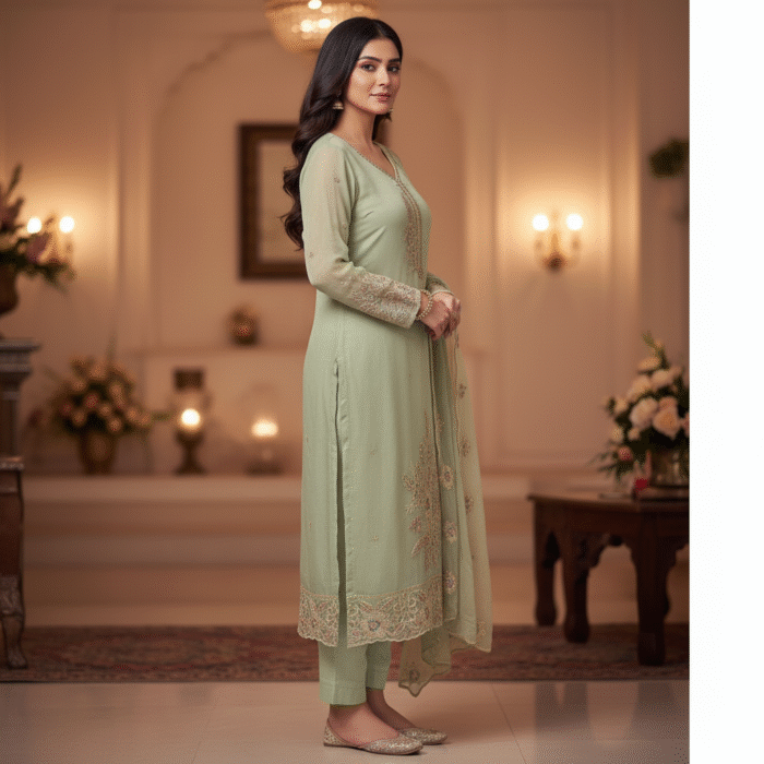 Mint shimmer suit fabric with embroidered chiffon dupatta by Punjabi Threads Melbourne