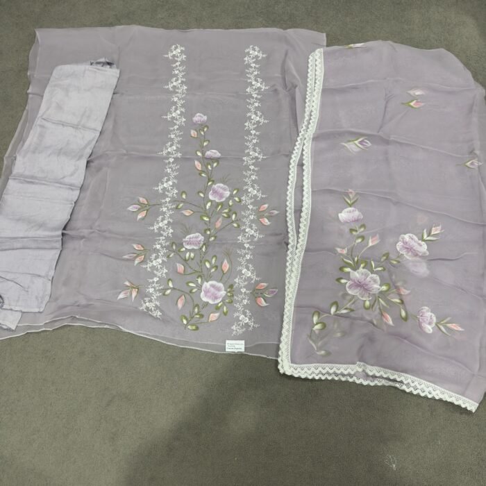 Lavender viscose organza suit with pink floral embroidery and lace border by Punjabi Threads Melbourne