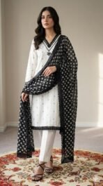 Linen cotton striped suit with black polka dot dupatta and white bottom