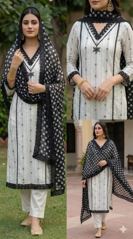 Linen cotton striped suit with black polka dot dupatta and white bottom