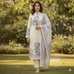 linen cotton suit set with floral print kurta cotton bottom and dupatta