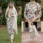 Pastel glass print floral suit with chiffon dupatta and lace border