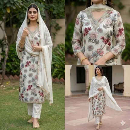 Pastel glass print floral suit with chiffon dupatta and lace border
