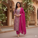 maslin print suit set royal magenta with floral design and dupatta