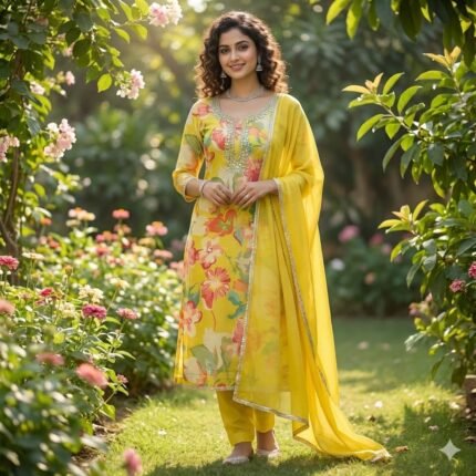 Yellow maslin floral print suit with matching bottom and lace finishing