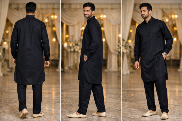 black kurta pajama men plain festive traditional wear