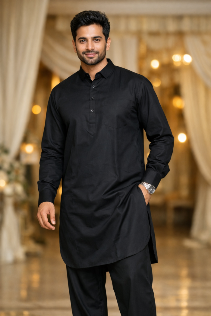 black kurta pajama men plain festive traditional wear