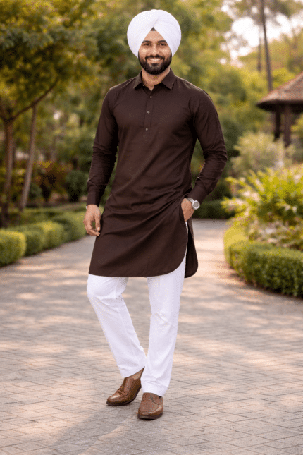 punjabi kurta pajama men brown with white pajama