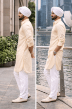 cream punjabi kurta pajama men with white pajama and turban
