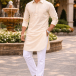 cream punjabi kurta pajama men with white pajama and turban