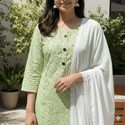 Women Green Printed Kurti in Soft Cotton Fabric by Punjabi Threads