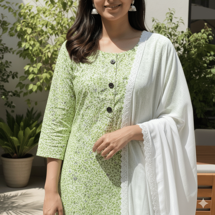 Women Green Printed Kurti in Soft Cotton Fabric by Punjabi Threads