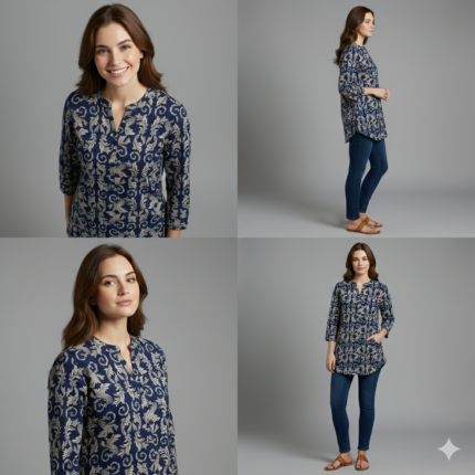 jaipuri short top navy blue ethnic floral print size small