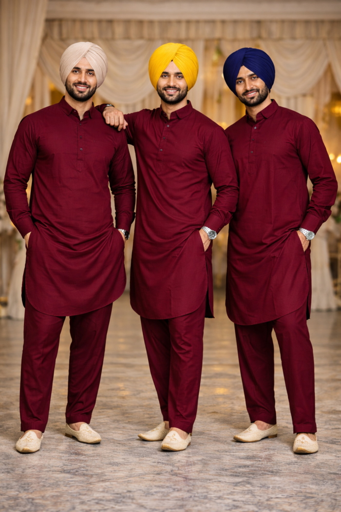 punjabi kurta pajama men maroon wedding festive wear