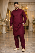 punjabi kurta pajama men maroon wedding festive wear