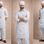 light grey punjabi kurta pajama men wearing turban traditional wear