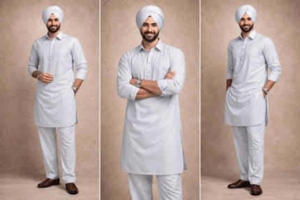 light grey punjabi kurta pajama men wearing turban traditional wear