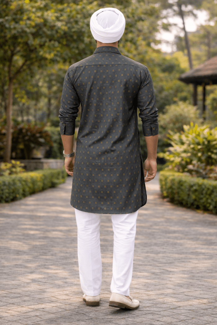 printed punjabi kurta pajama men dark charcoal with white pajama