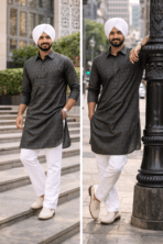 printed punjabi kurta pajama men dark charcoal with white pajama
