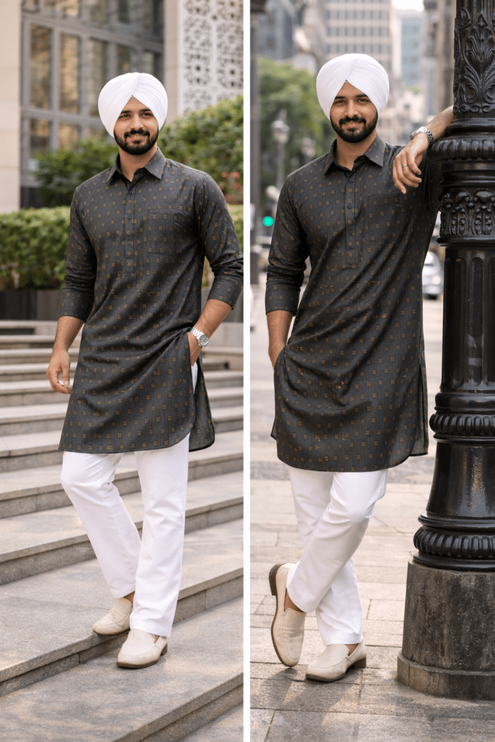 printed punjabi kurta pajama men dark charcoal with white pajama