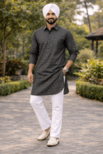 printed punjabi kurta pajama men dark charcoal with white pajama