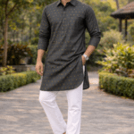 printed punjabi kurta pajama men dark charcoal with white pajama