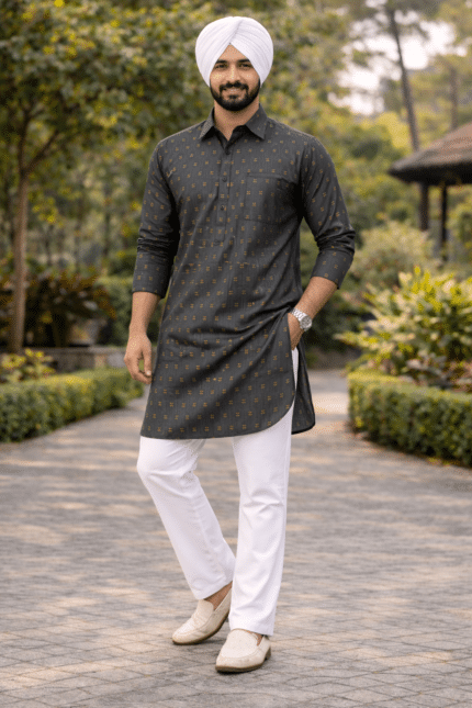 printed punjabi kurta pajama men dark charcoal with white pajama
