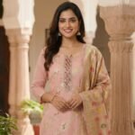 Soft peach printed suit set with matching bottom and elegant dupatta