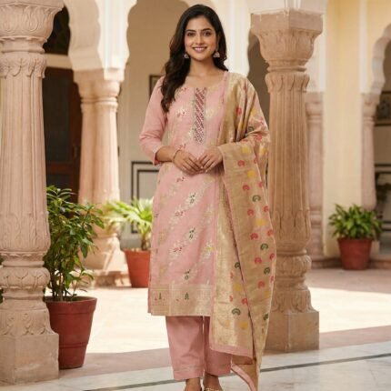 Soft peach printed suit set with matching bottom and elegant dupatta