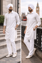 white striped punjabi kurta pajama men with turban and white pajama