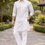 white striped punjabi kurta pajama men with turban and white pajama