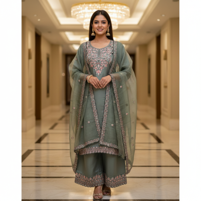 Dusty mauve Maslin Kashmiri suit with organza dupatta for women