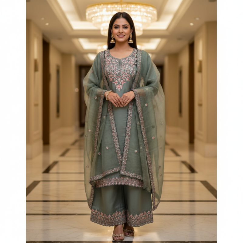 Dusty mauve Maslin Kashmiri suit with organza dupatta for women