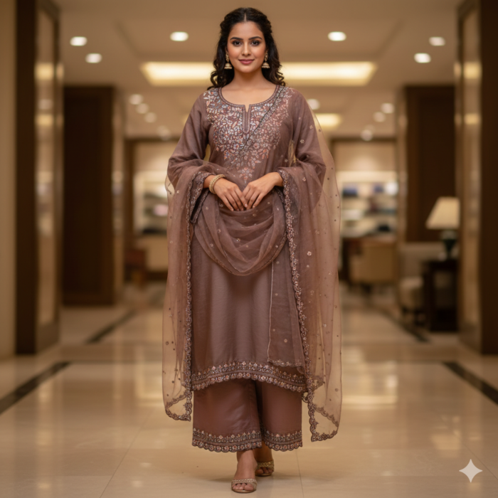 Maslin Kashmiri Suit Set with Organza Dupatta – Punjabi Threads - Image 3