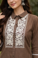 Maslin Cordset for Women Brown Embroidered Kurta Palazzo Set