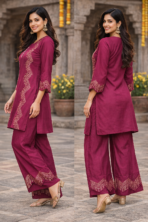 Premium Maslin Codeset – Elegant Maroon Festive Co-Ord Set - Image 2