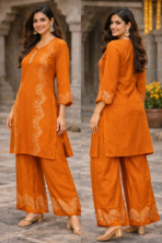 Maslin Cordset orange 2 piece festive palazzo set for women