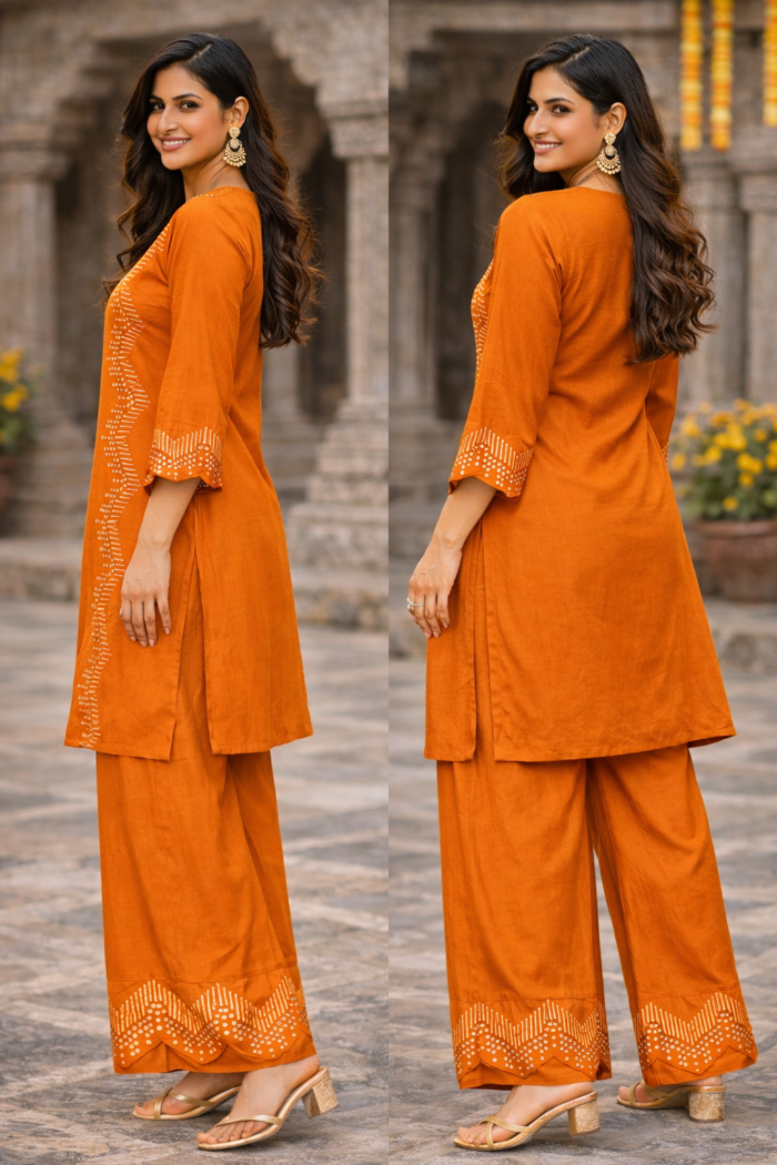 Maslin Cordset orange 2 piece festive palazzo set for women